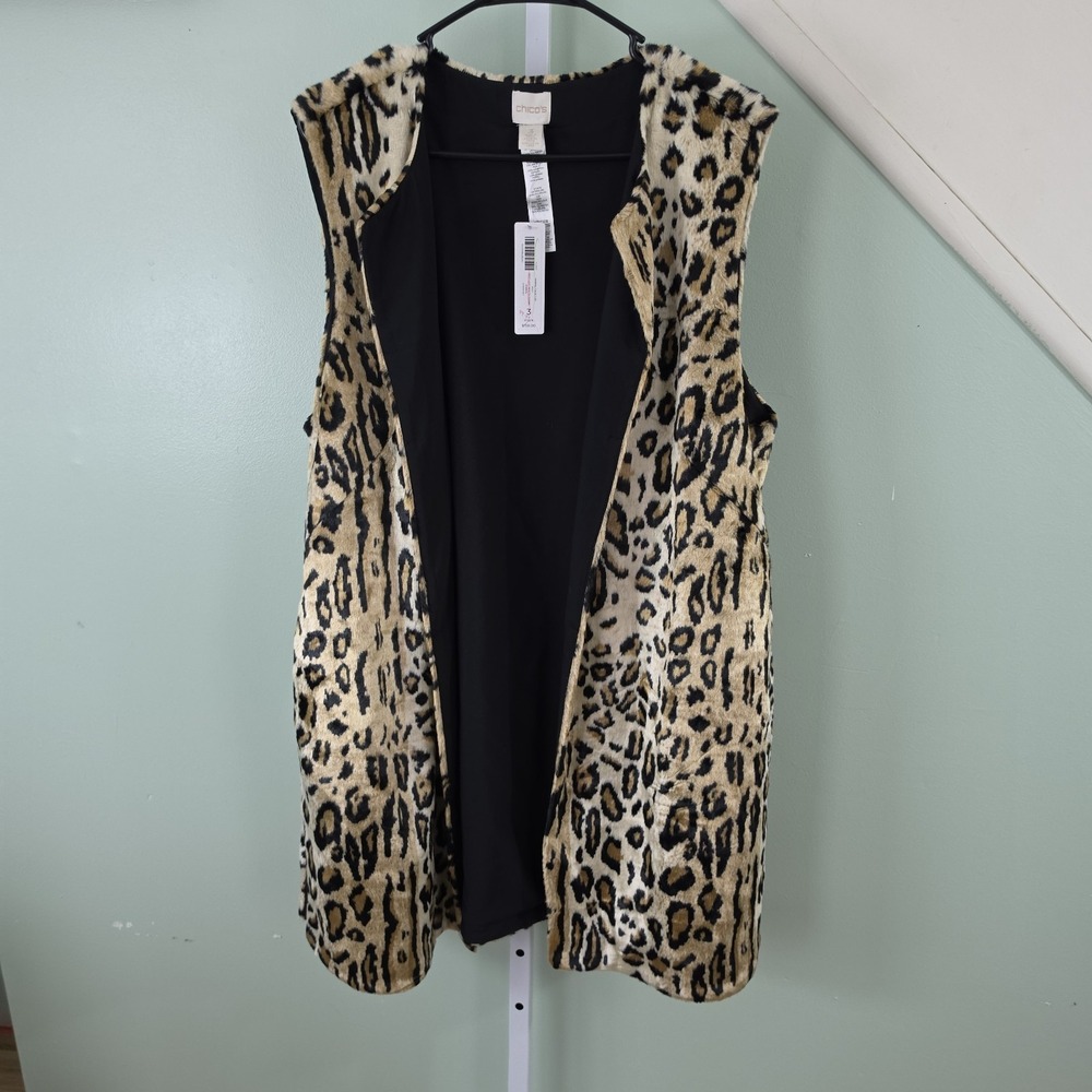 Chico's Women's Animal Faux Fur Long Vest Cheetah Print Size 3 US XL Brown Black